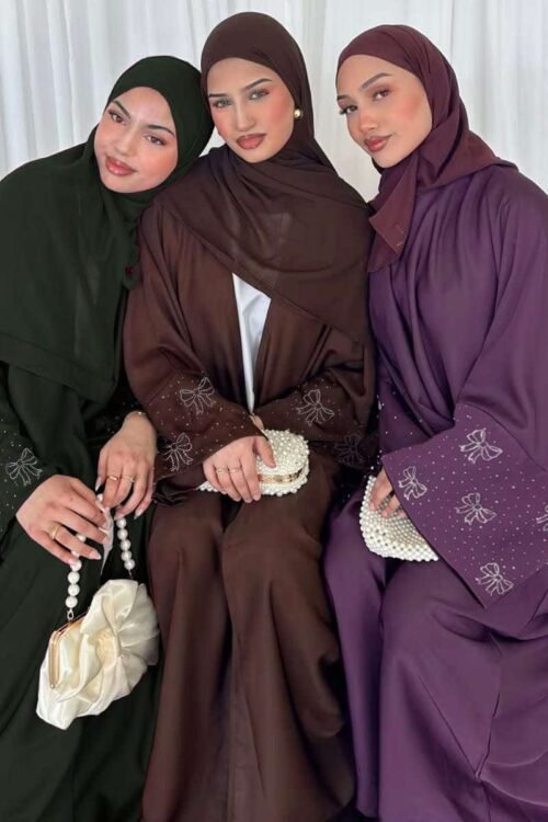 Bow Open Nida Abaya with Silver Diamond Cuff