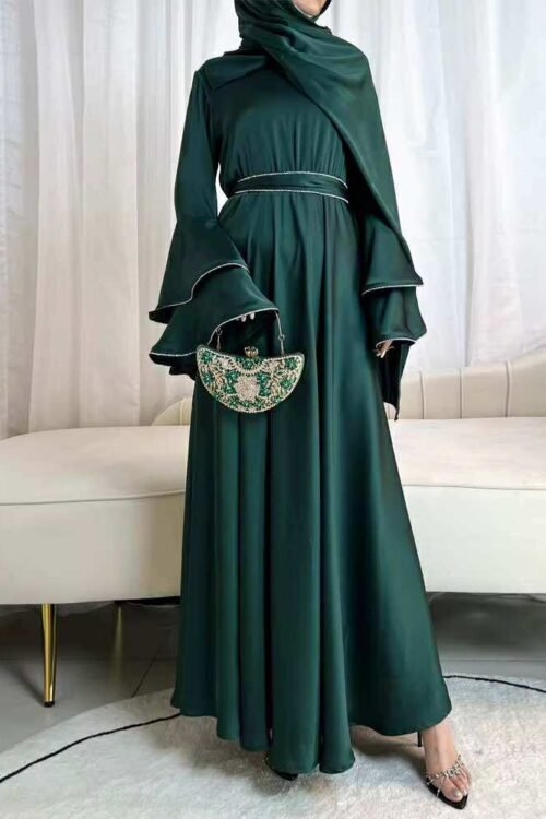 Double Layered Bell Sleeves Satin Dress