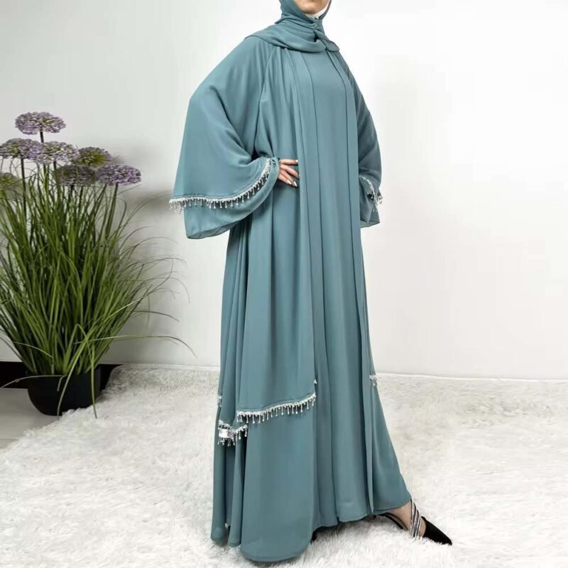 Two Layers Chiffon Abaya Set with Diamond Tassel - Image 7