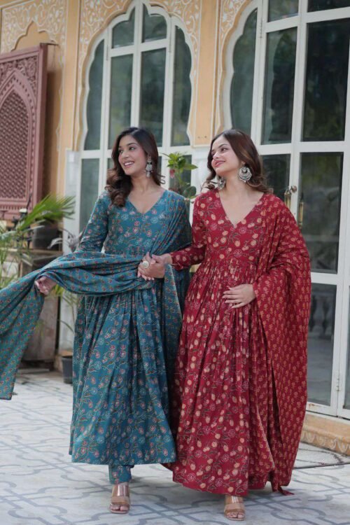 Cotton Gown with Pant & Dupatta Set