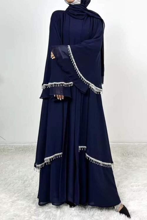 Two Layers Chiffon Abaya Set with Diamond Tassel