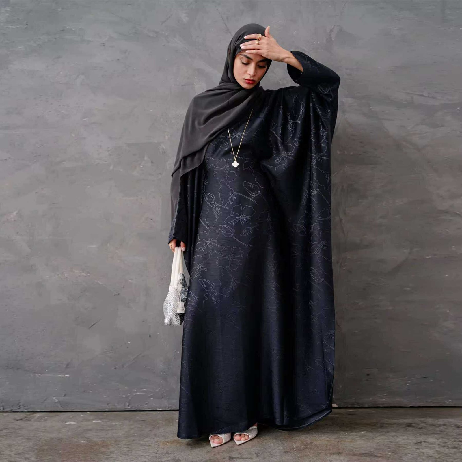 Flower Textured Satin Butterfly Abaya - Image 5