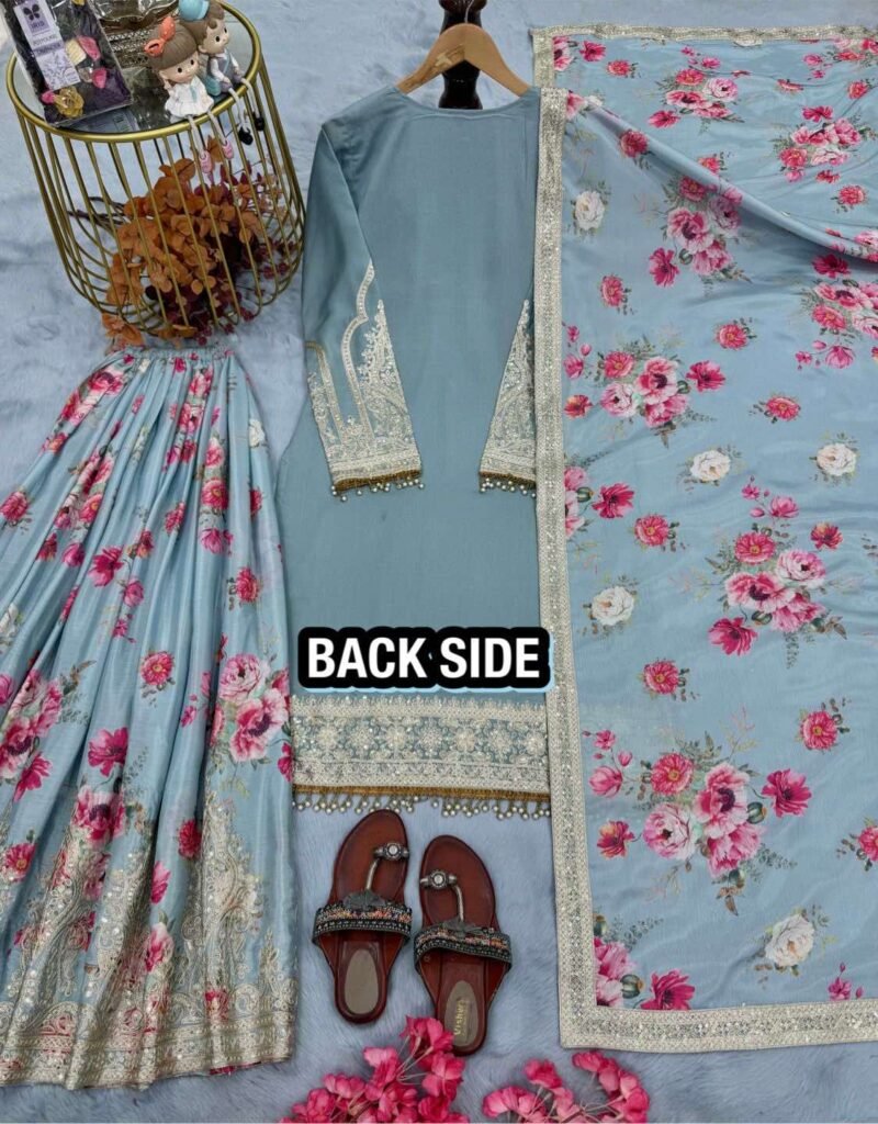3 Piece Floral Embroidered Sharara Set - Image 2