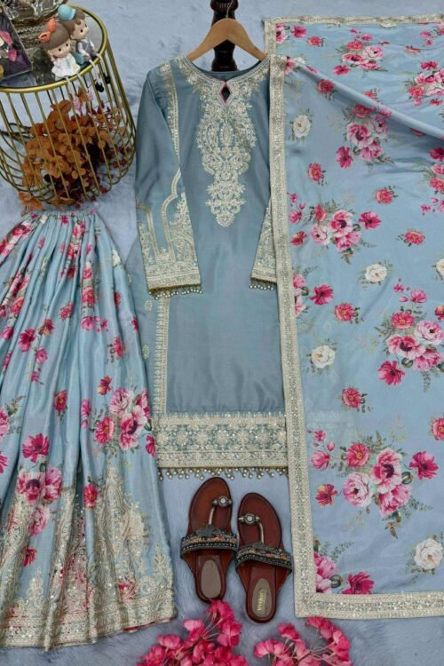 3 Piece Floral Embroidered Sharara Set