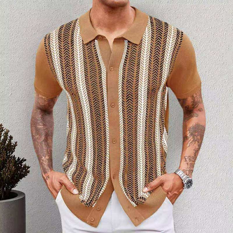Men Retro Striped Jacquard Knit Polo - Image 5