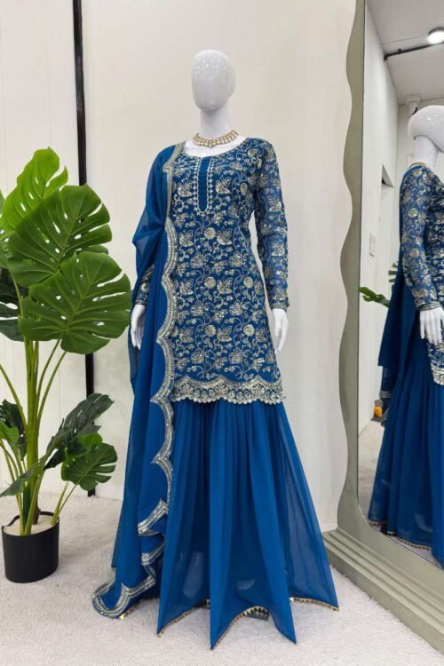 Royal Azure Embroidered Sharara Set