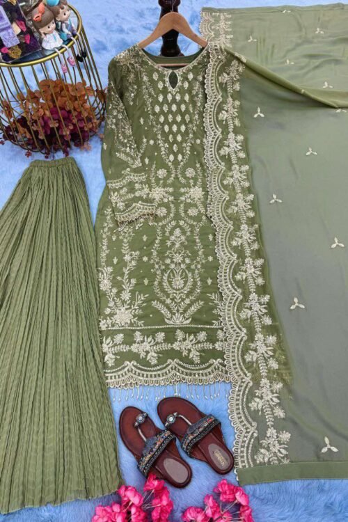 Olive Bloom Embroidered Suit Set