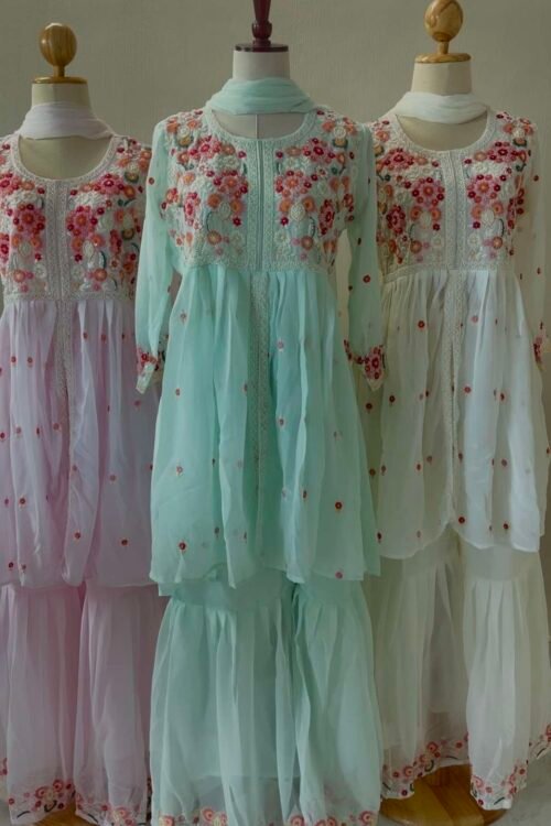 Floral Embroidered Chiffon Sharara Set