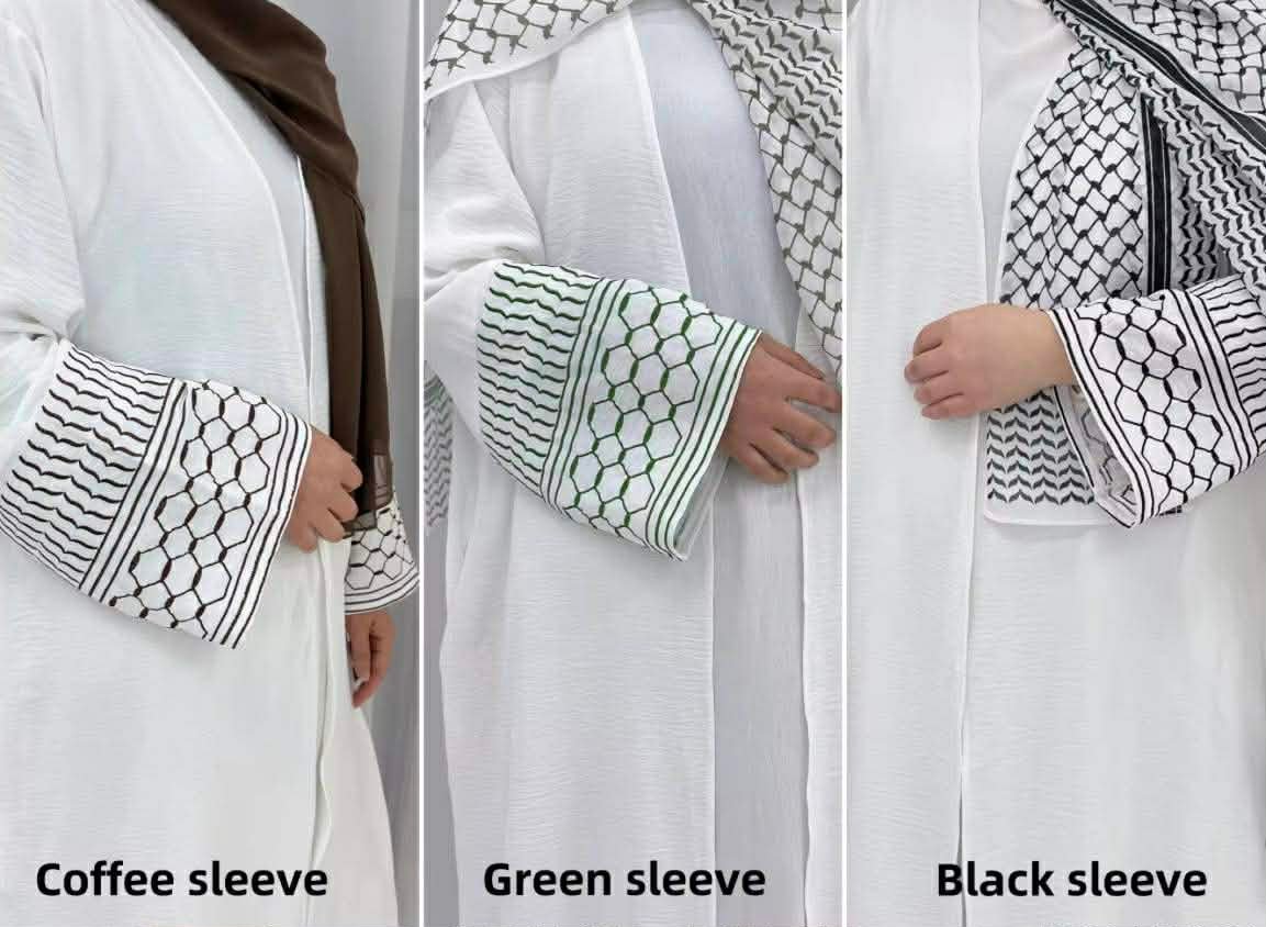White Keffiyeh Essence Embroidered Open Abaya - Image 2