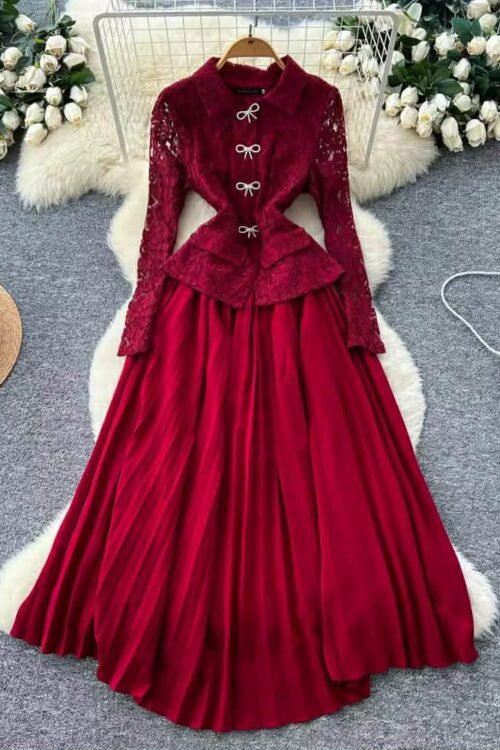 Rosette Lace Pleated Midi Dress