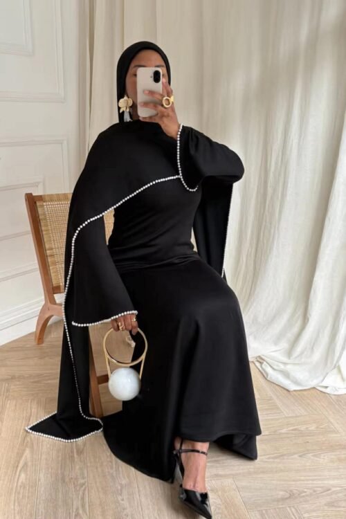 Pearl Cascade Air Layer Maxi Dress with Cape