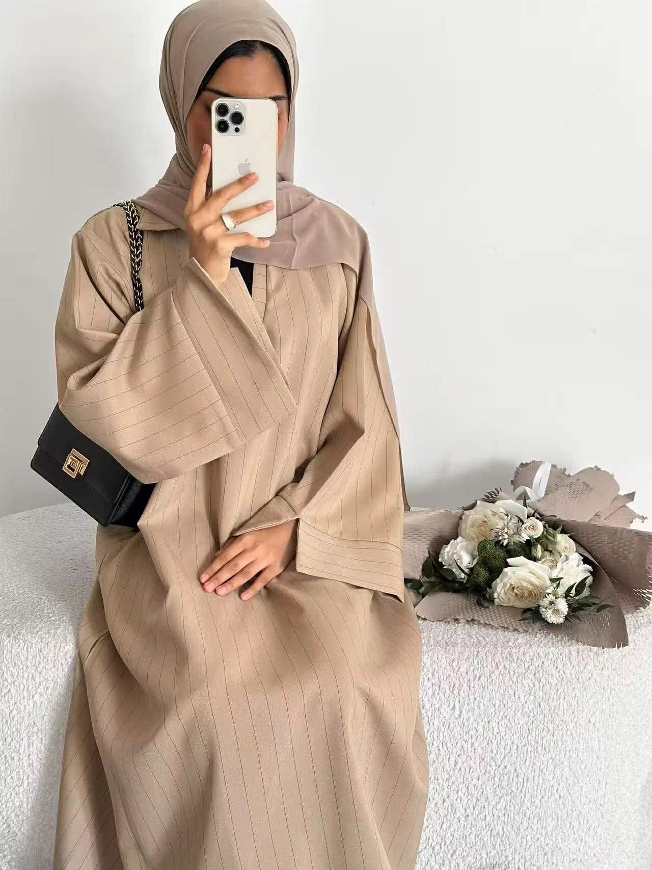 Pinstripe V-Neck Everyday Abaya - Image 9