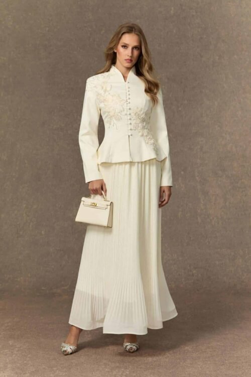 Flower Beaded Blazer & Pleated Skirt Set