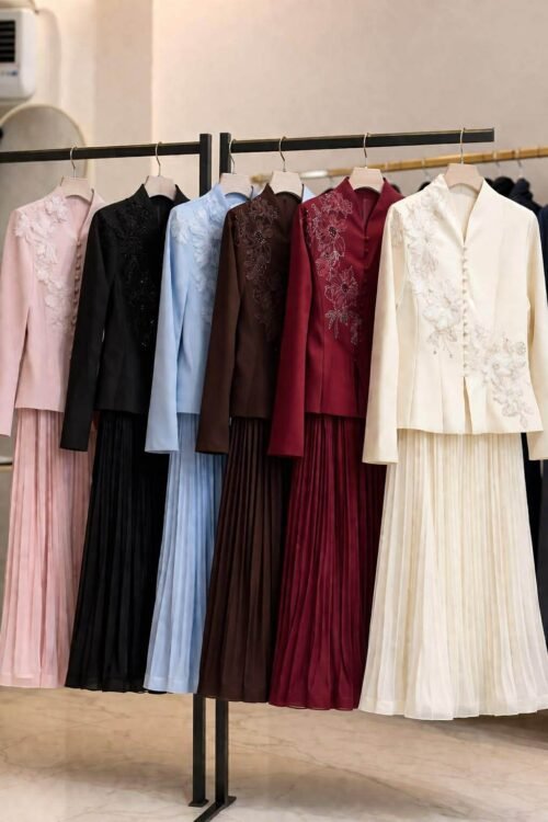 Flower Beaded Blazer & Pleated Skirt Set