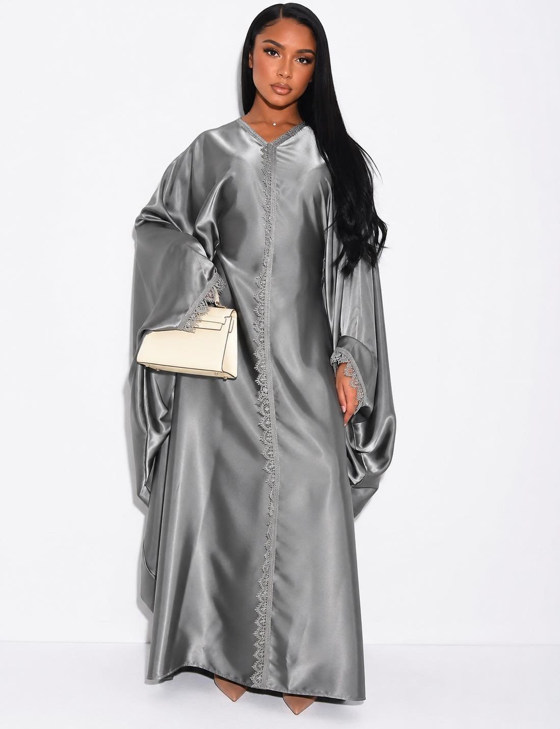 Satin Drape Lace Kaftan Abaya - Image 2