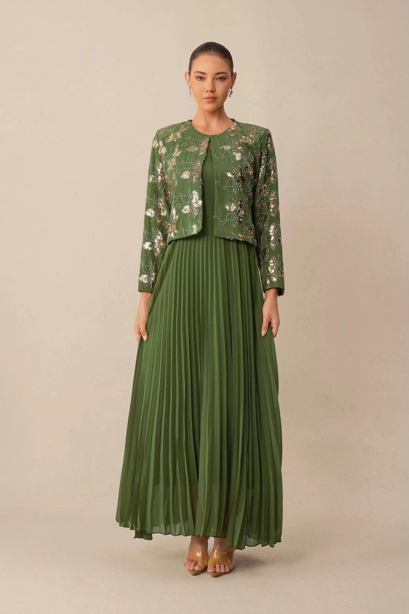 Embellished Blazer and Pleated Dress Set