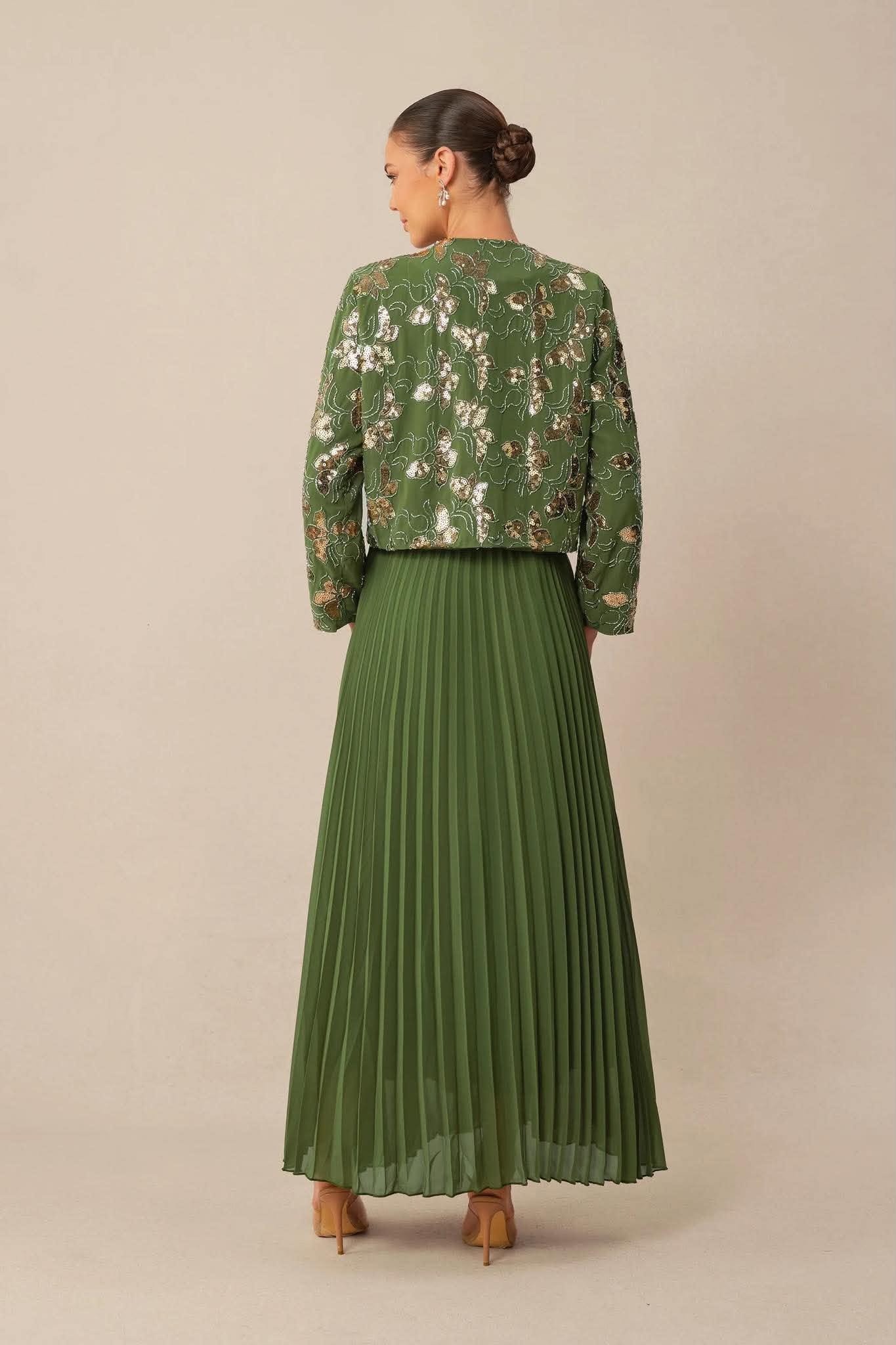Embellished Blazer and Pleated Dress Set - Image 2
