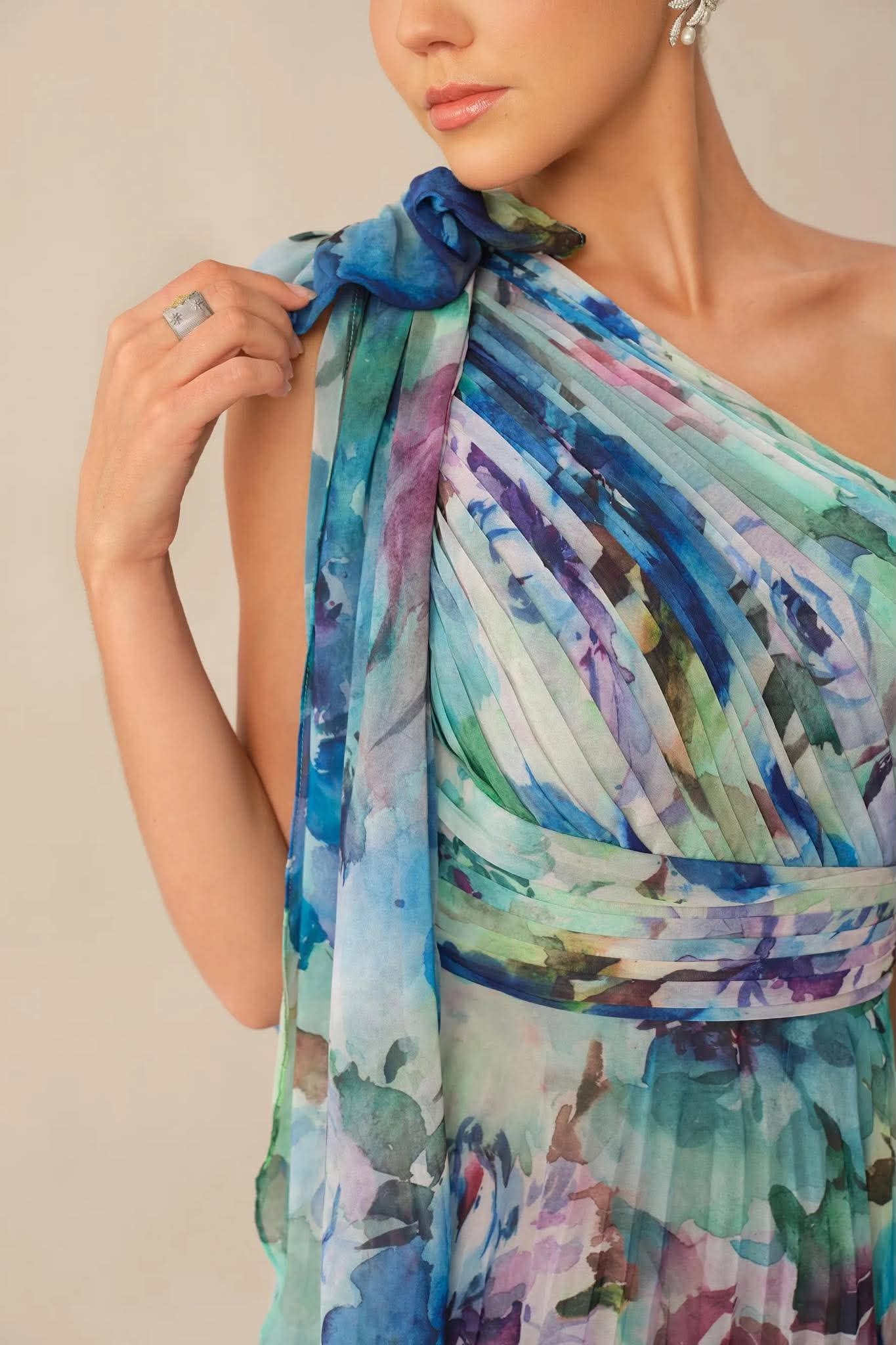 Watercolor One-Shoulder Pleated Gown - Image 2