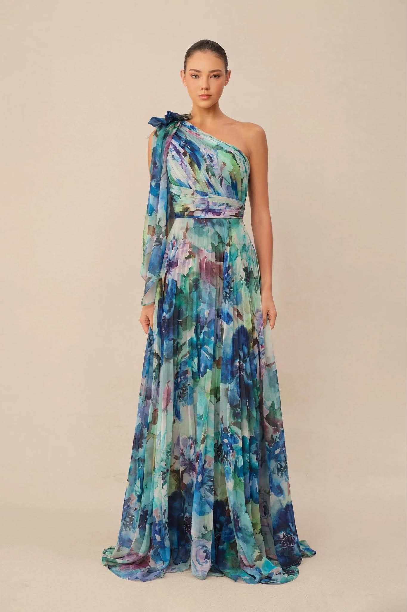 Watercolor One-Shoulder Pleated Gown - Image 3
