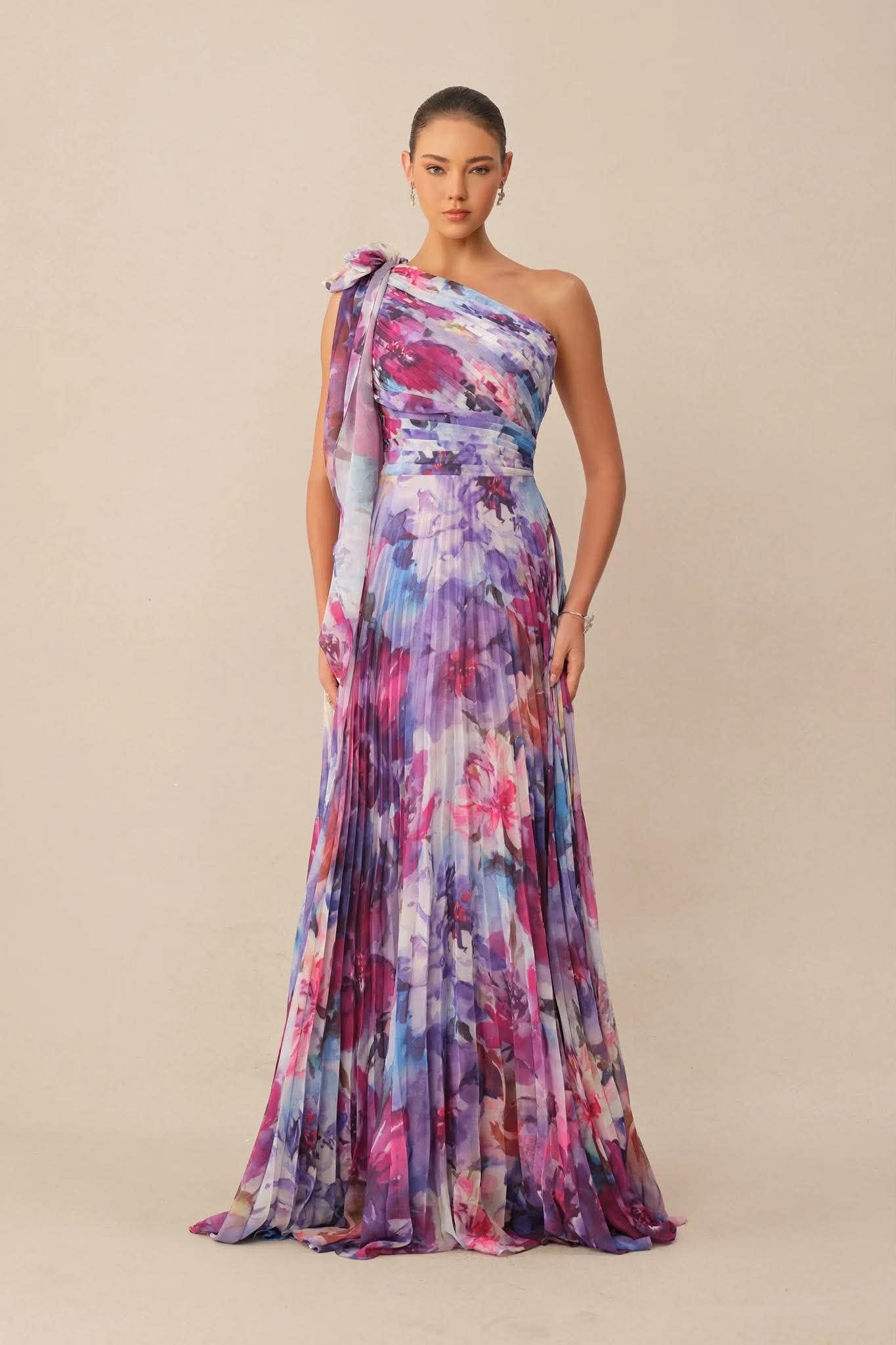 Watercolor One-Shoulder Pleated Gown