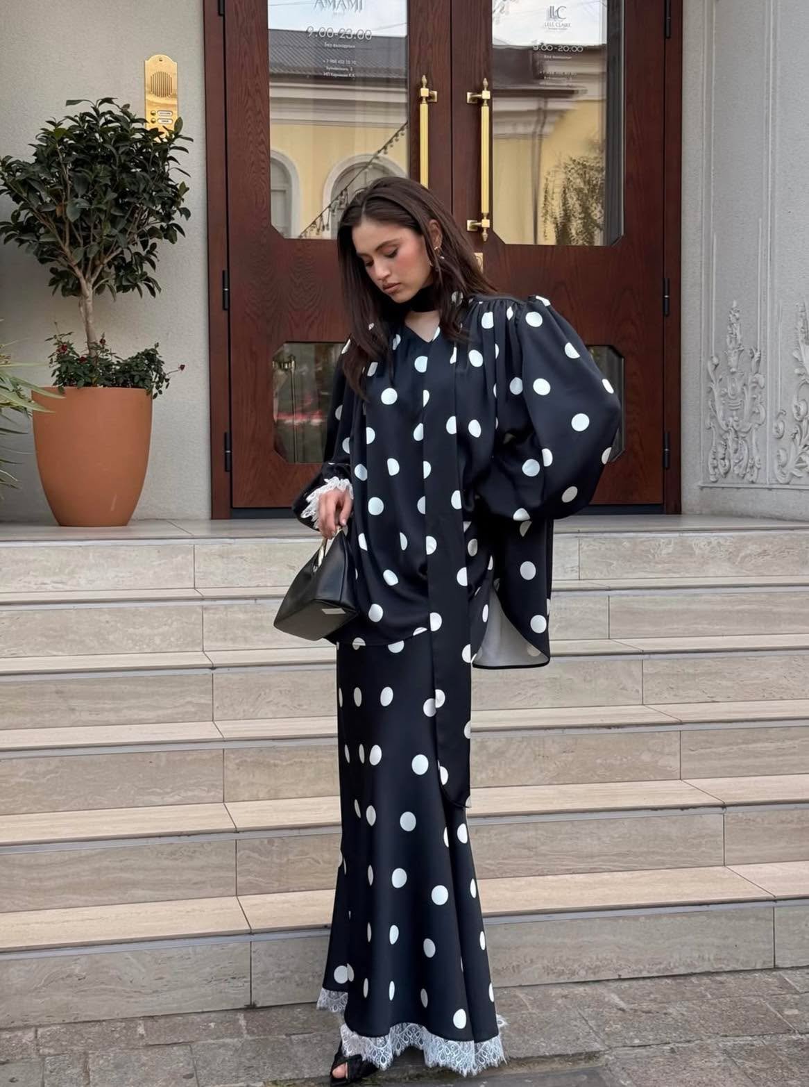 Lace Polka Dot Blouse & Maxi Skirt Set