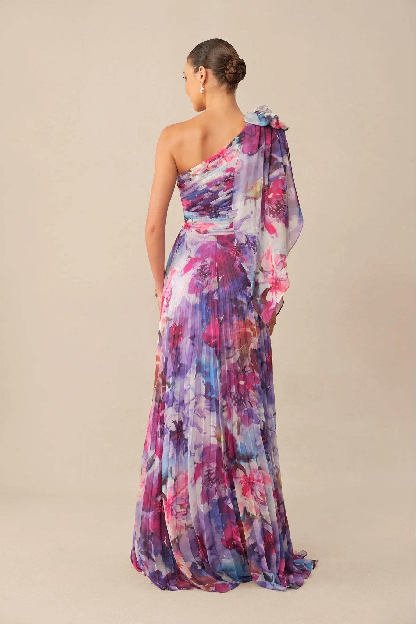 Watercolor One-Shoulder Pleated Gown - Image 4